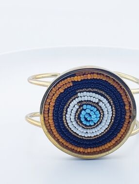 Gold-Tone Seed Beaded Cuff Bracelet - Blue, White Orange Navy